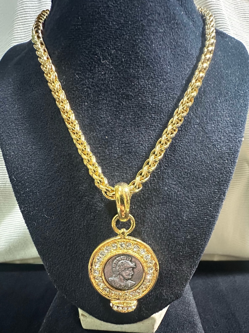 NOS: Vtg Roman Greek Soldier Coin Pendant Accent w/Rhinestone Wheat Necklace